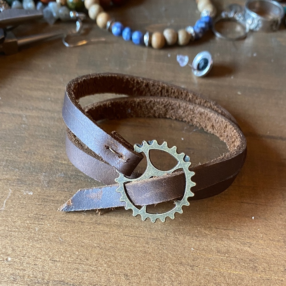 Brown Leather Bracelet with Gear Accent